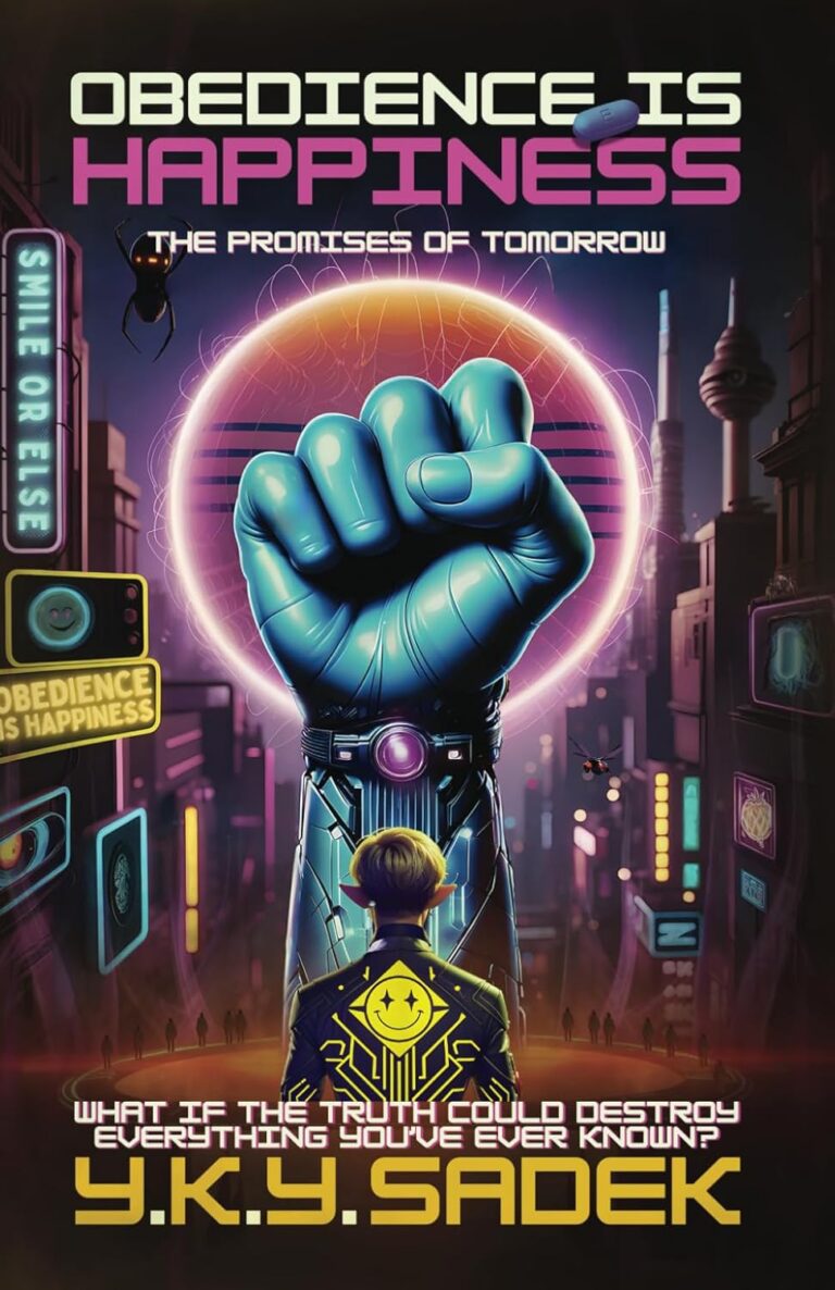 Book cover of 'Obedience is Happiness: The Promises of Tomorrow' by Y.K.Y. Sadek. The cover features a dystopian cityscape with neon lights and a giant robotic fist towering over a figure wearing a jacket with a smiley face emblem.