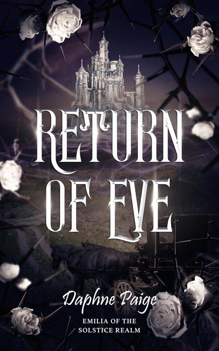 Book cover of 'Return of Eve' by Daphne Paige, featuring a gothic castle in the background, surrounded by thorny vines with white roses. A horse-drawn carriage travels along a dark, winding path.